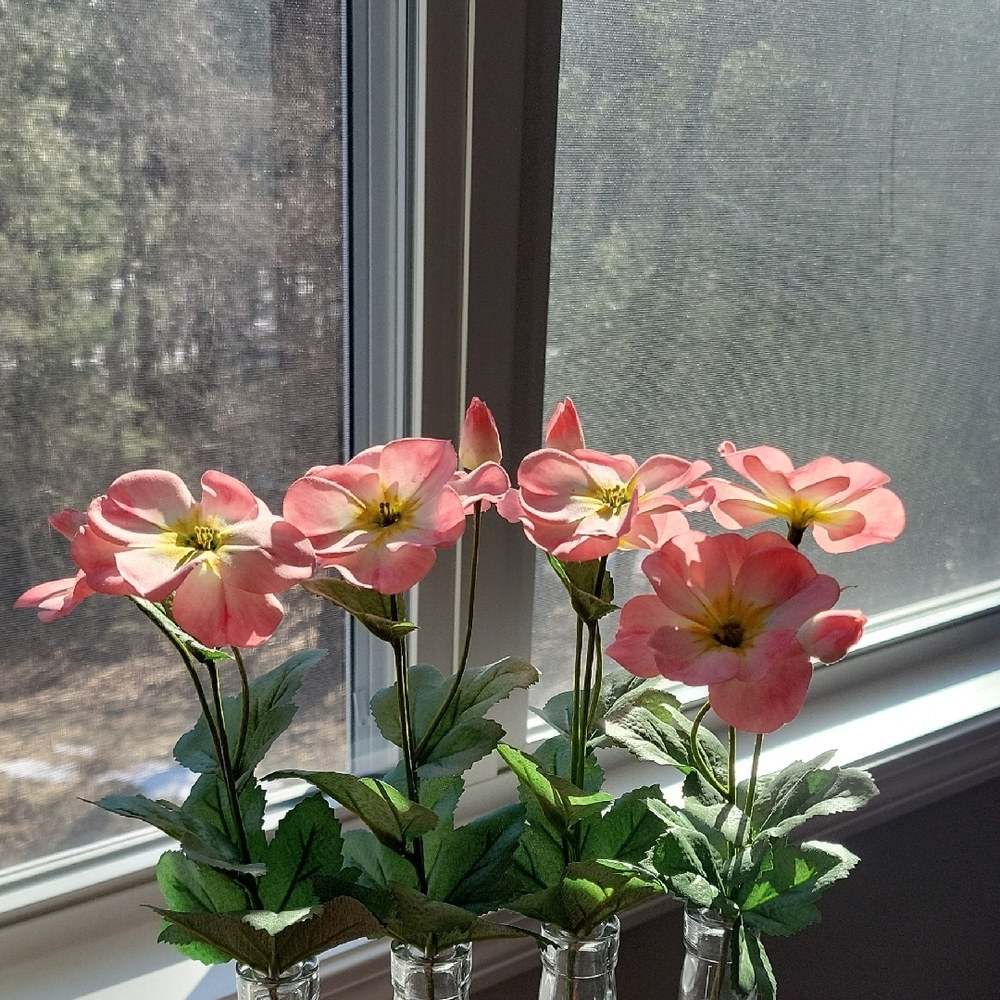 Pink Artificial Flower Arrangement in Clear Glass Bottles - Picture 2 of 5